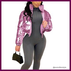 Shiny Cropped Puffer Jacket Stand Neck Winter Down Coat Chic Y2K